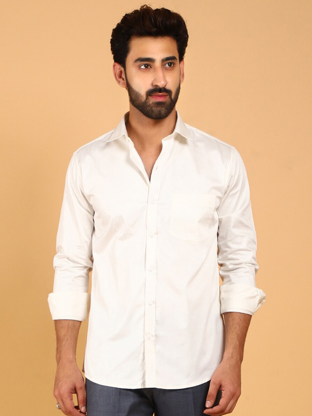 

BLUEBIRD Classic Long Sleeves Satin Casual Shirt, White