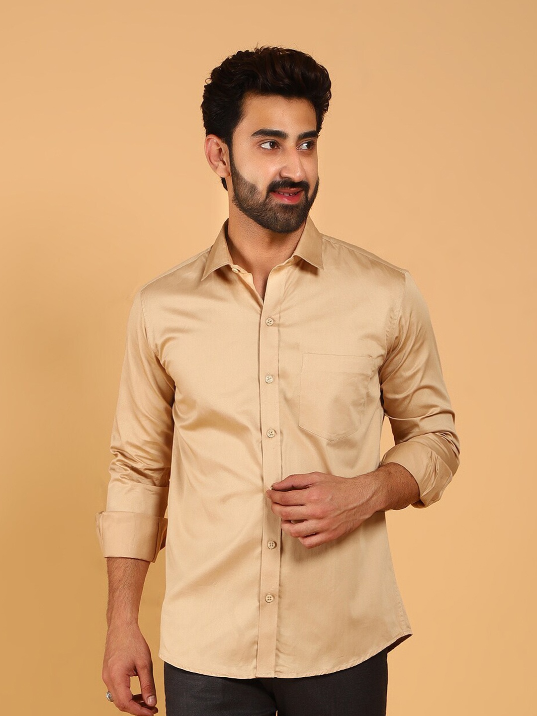 

BLUEBIRD Classic Long Sleeves Satin Casual Shirt, Brown