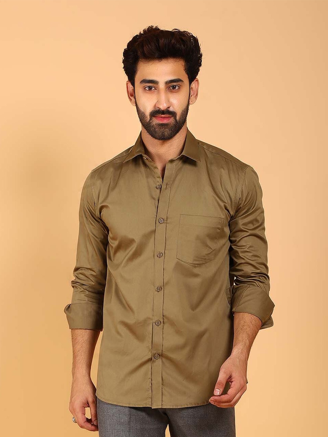 

BLUEBIRD Premium Satin Casual Shirt, Khaki