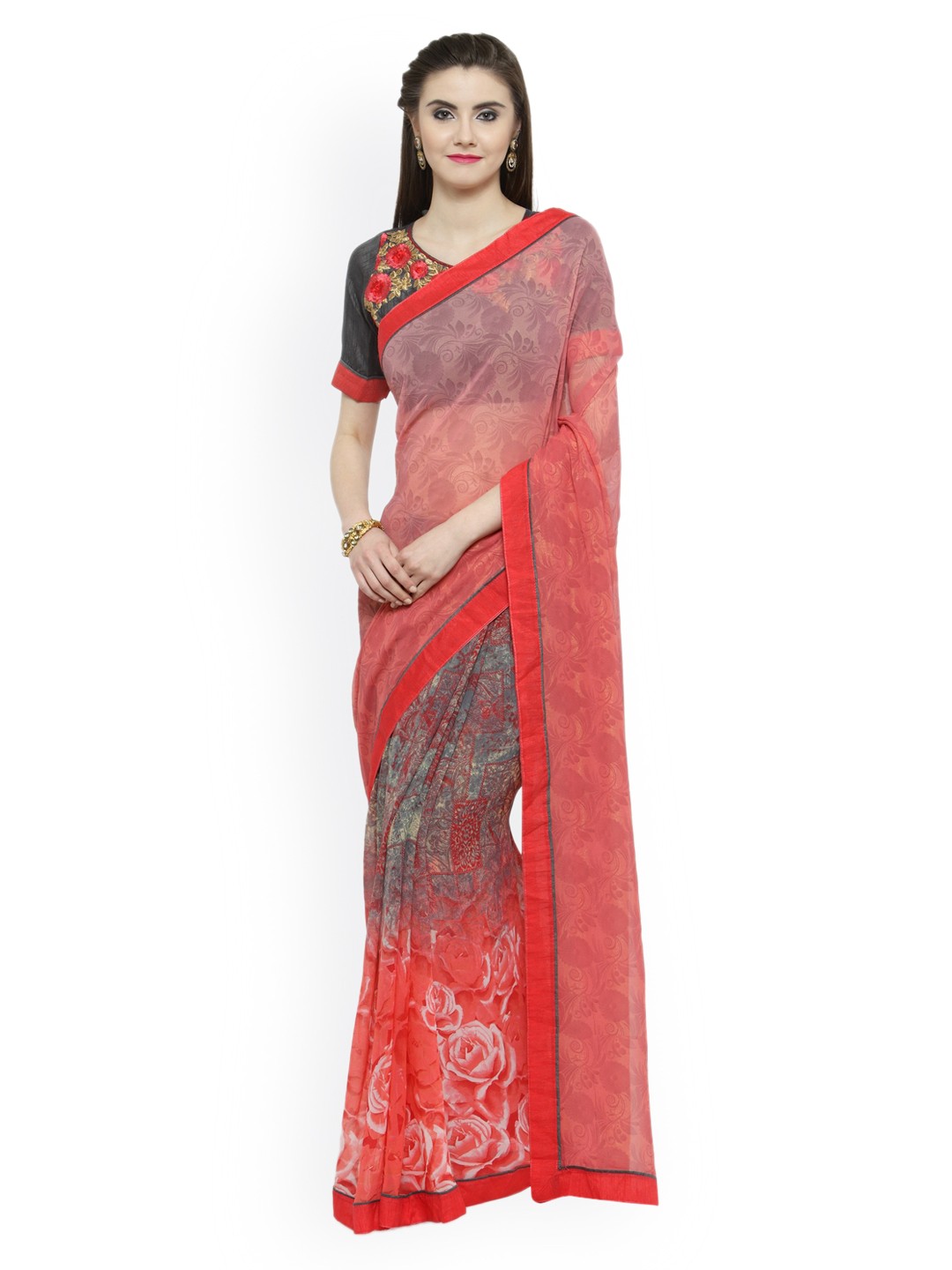 

Shaily Peach-Coloured & Red Pure Georgette Printed Saree