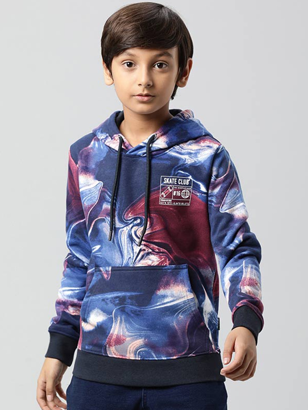 

Indian Terrain Boys Abstract Printed Hooded Sweatshirt, Navy blue