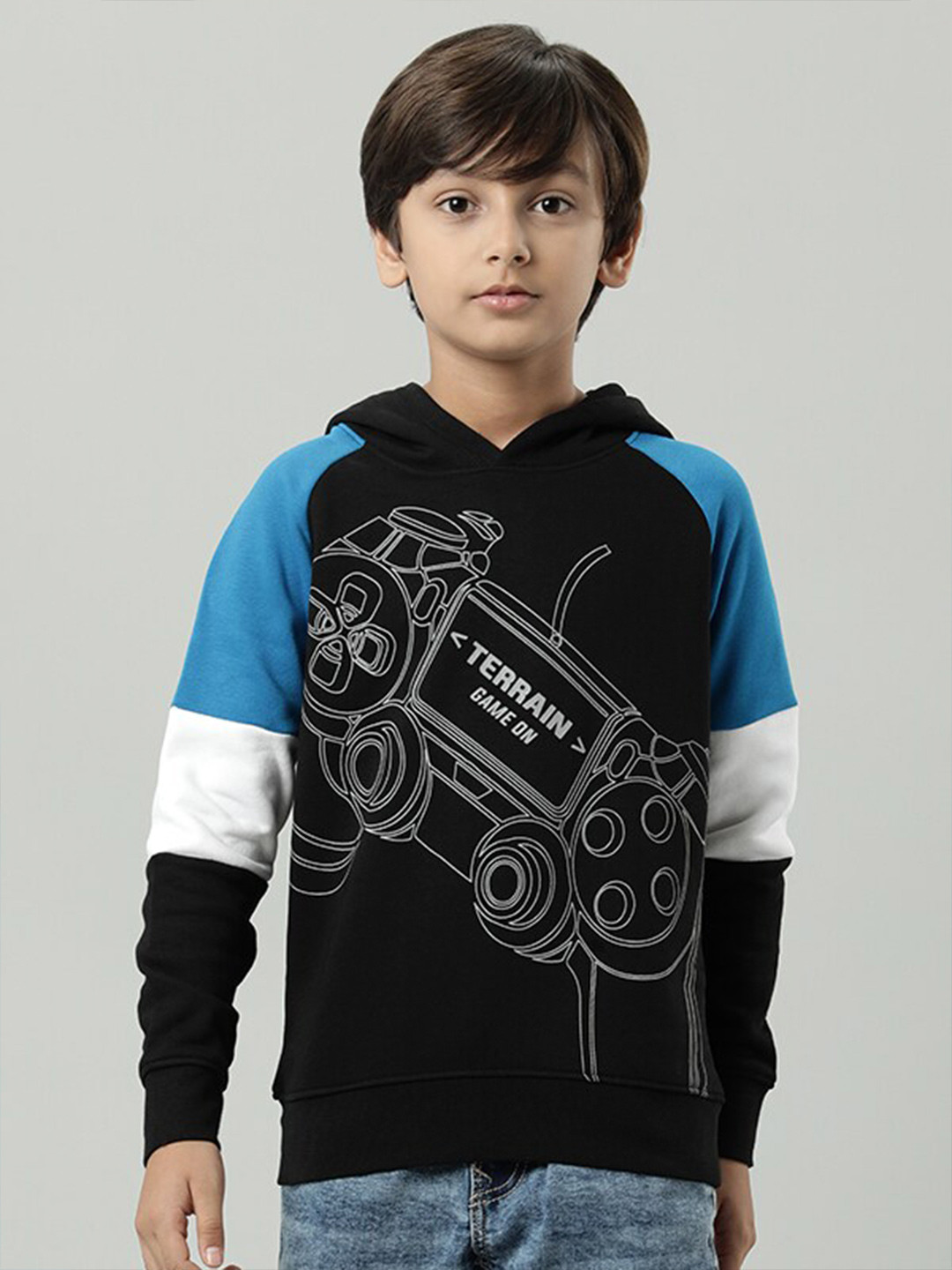

Indian Terrain Boys Typography Printed Hooded Pullover, Black