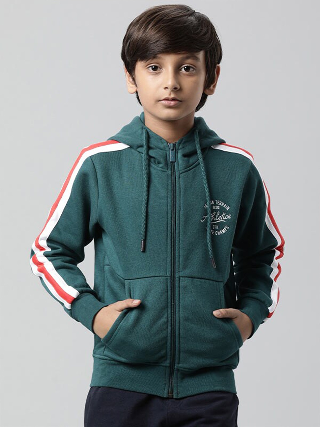 

Indian Terrain Boys Hooded Front Open Sweatshirt, Green
