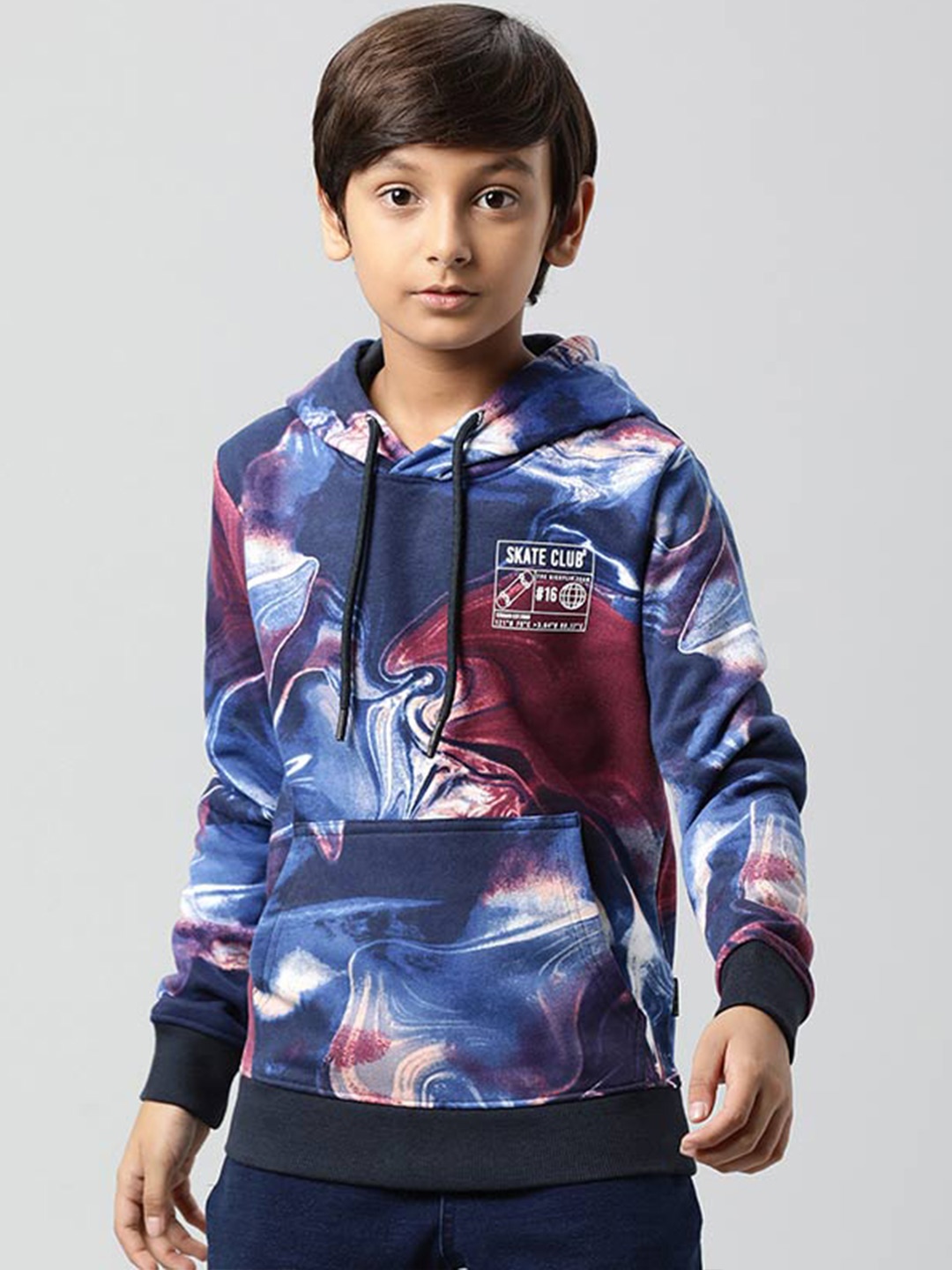 

Indian Terrain Boys Abstract Printed Hooded Pullover Sweatshirt, Navy blue