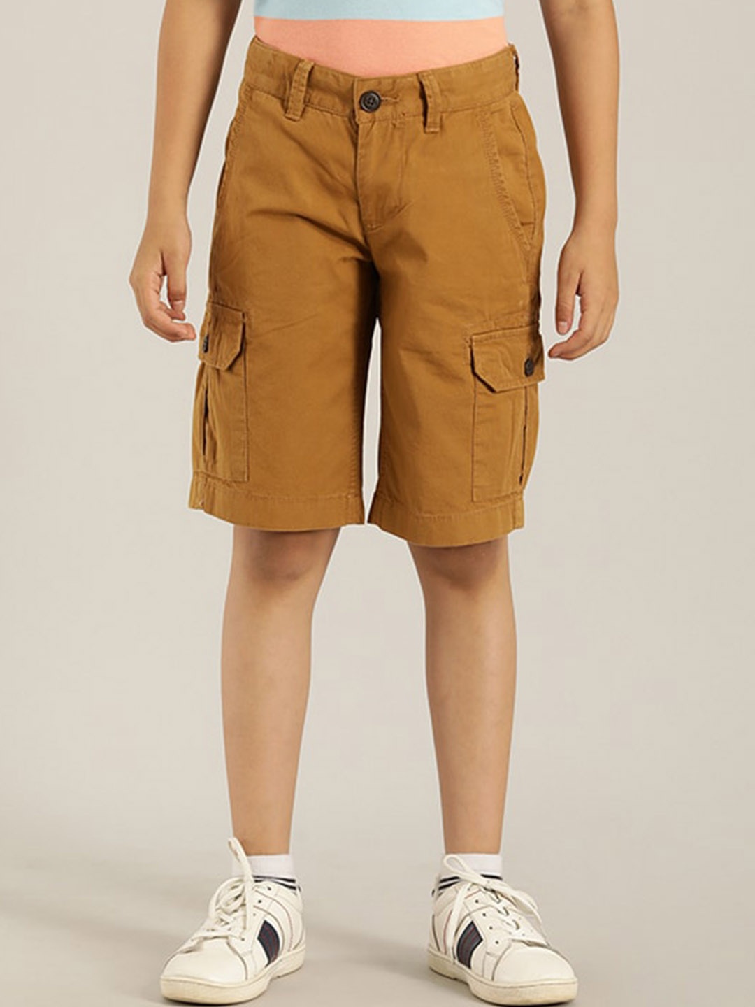 

Indian Terrain Boys Pure Cotton Mid Rise Cargo Shorts, Yellow