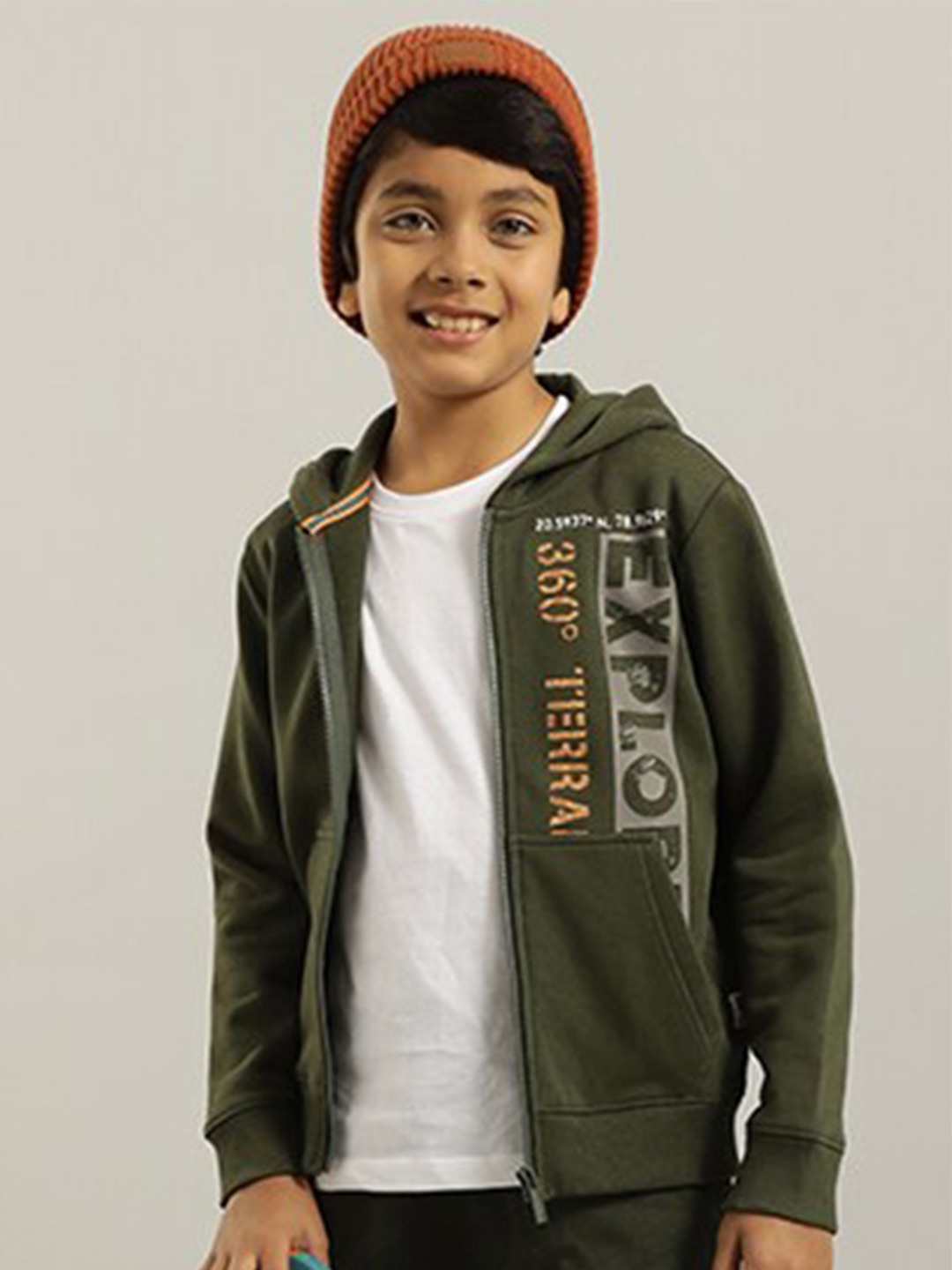 

Indian Terrain Boys Printed Hooded Front-Open Sweatshirt, Green