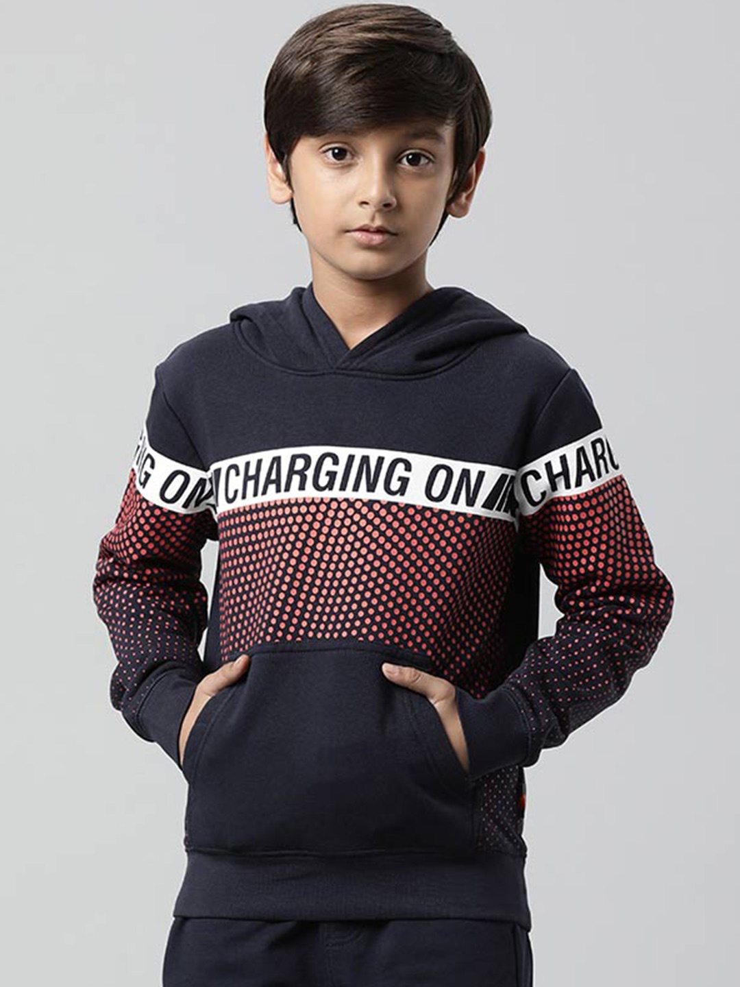 

Indian Terrain Boys Colourblocked Hooded Open Front Sweatshirt, Navy blue