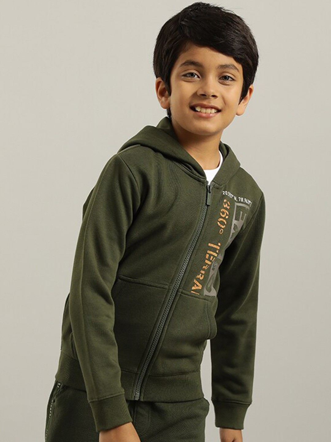 

Indian Terrain Boys Hooded Typography Printed Front Open Sweatshirt, Green
