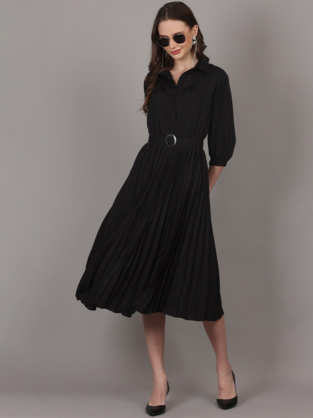 

pinfit Shirt Collar Belted Fit & Flare Midi Dress, Black