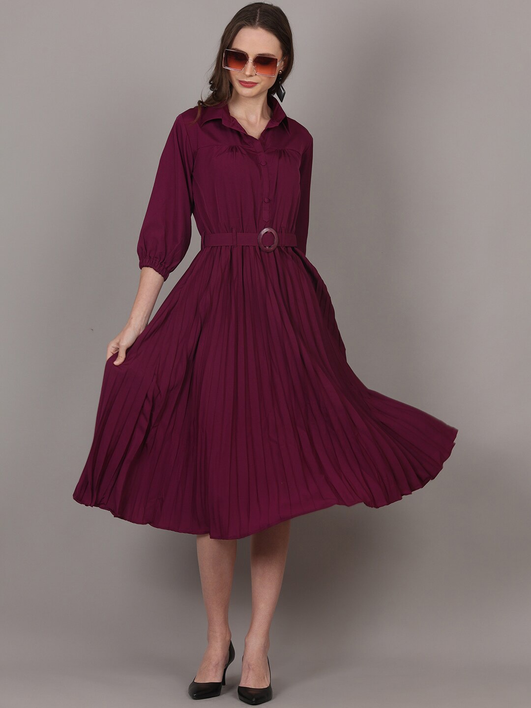 

pinfit Shirt Collar Belted Fit & Flare Midi Dress, Purple