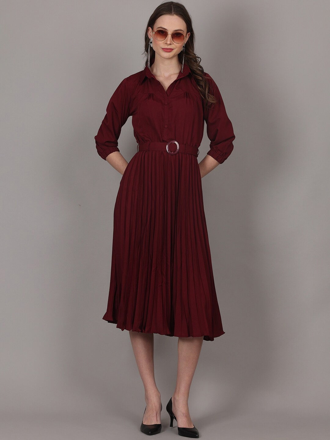 

pinfit Shirt Collar Belted Fit & Flare Midi Dress, Maroon