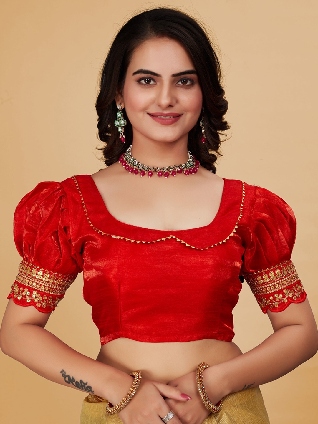 

VISHNU WEAVES Silk Sequence Embroidered Saree Blouse, Red
