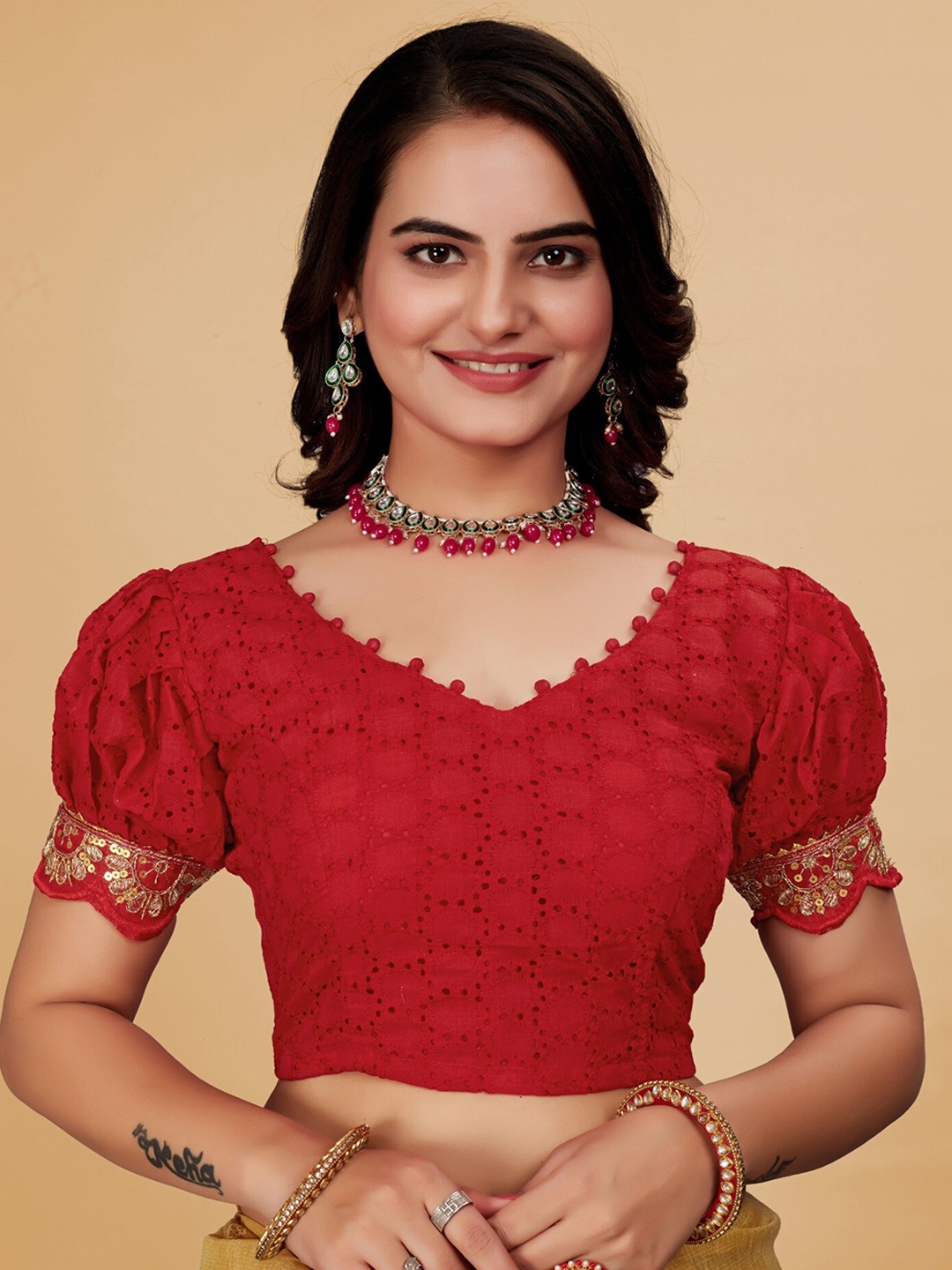 

VISHNU WEAVES Silk Embroidered Padded Saree Blouse, Red