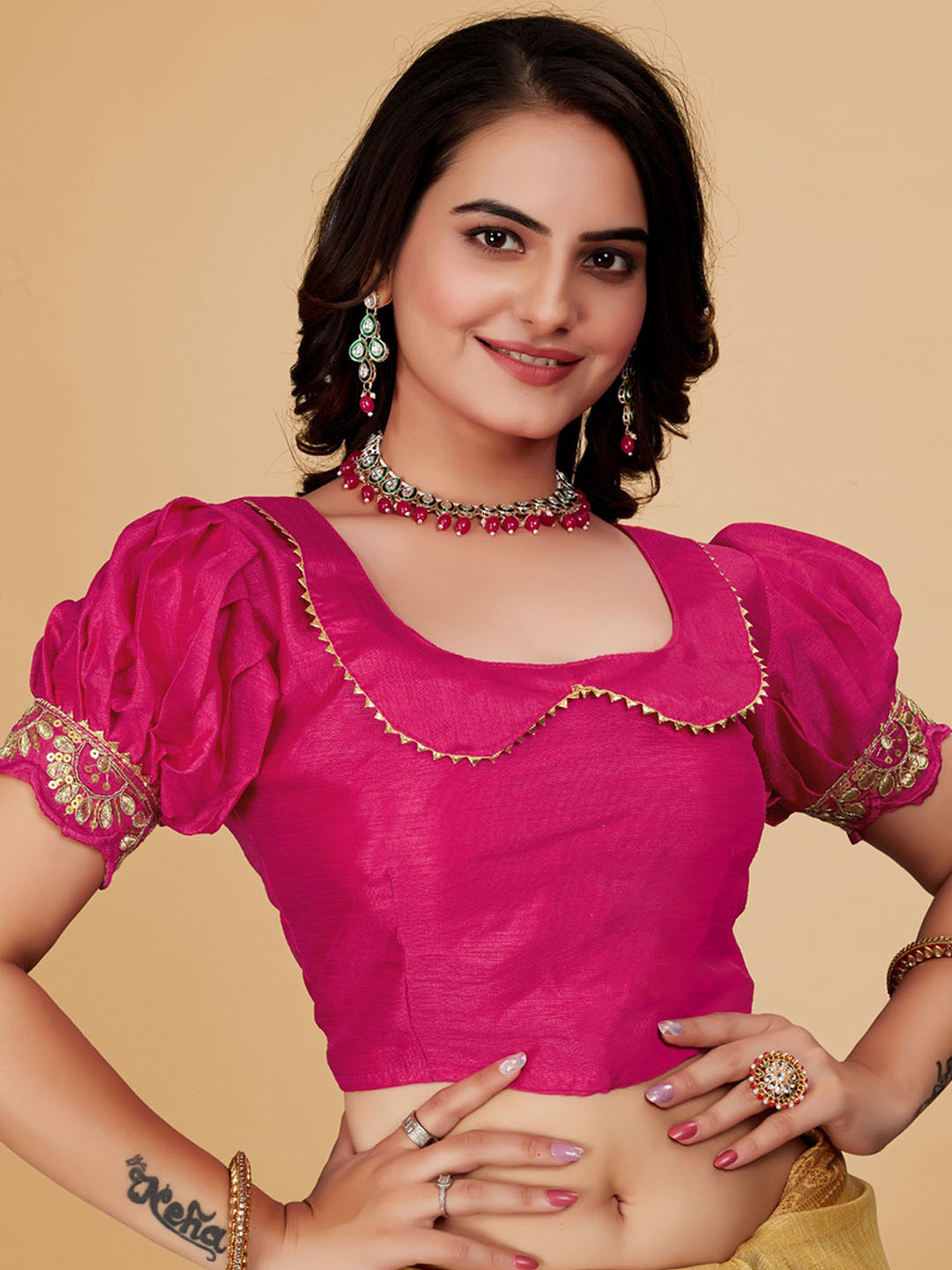 

VISHNU WEAVES Silk Embroidered Padded Saree Blouse, Pink