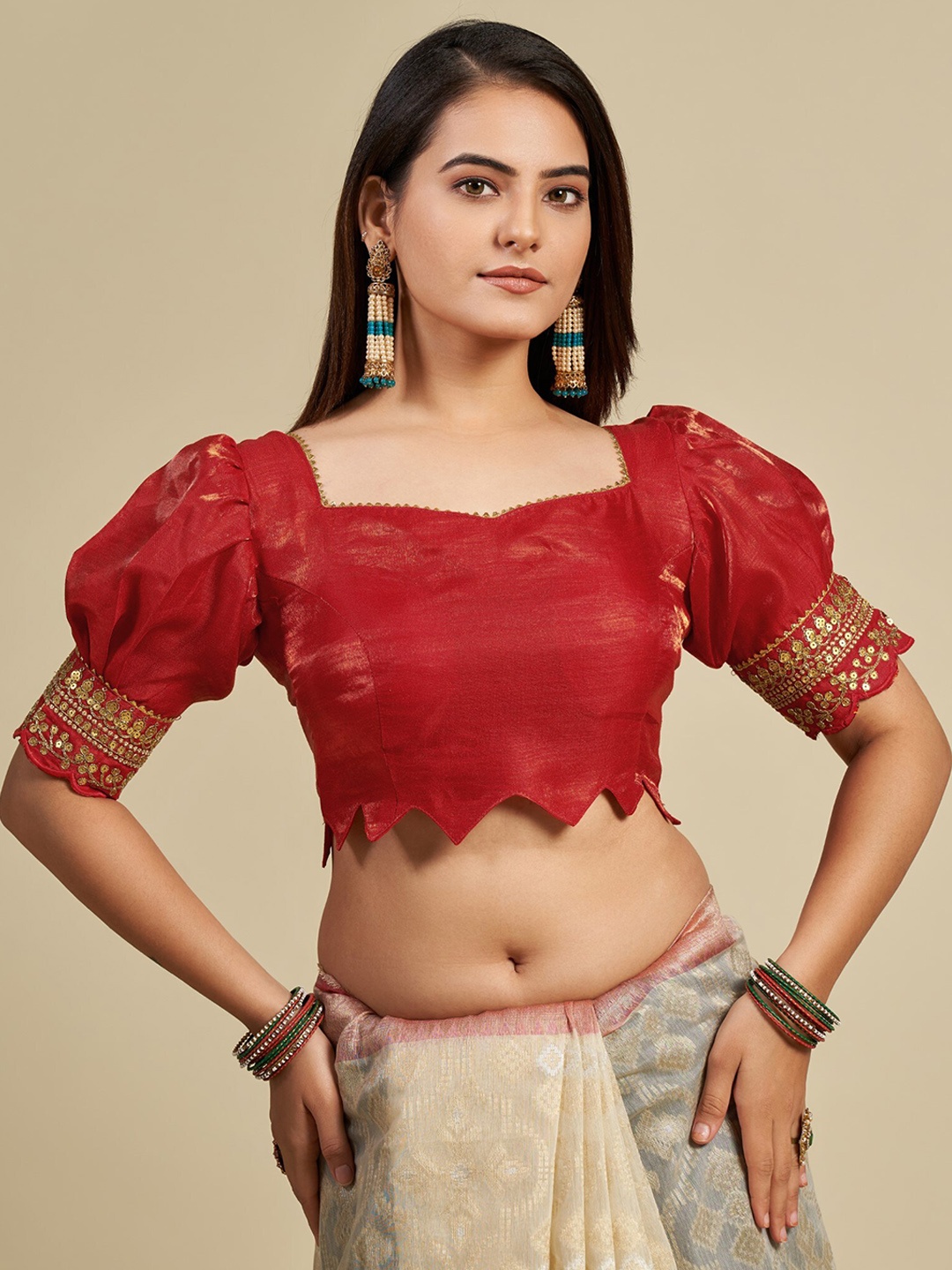 

VISHNU WEAVES Silk Embroidered Padded Saree Blouse, Red
