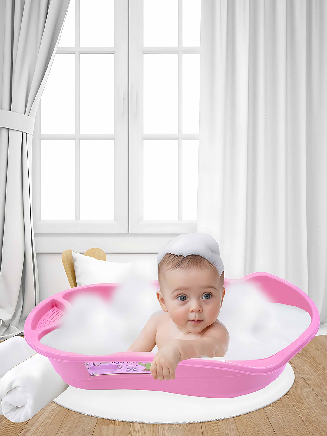

Born Babies Infants Anti Slip Bath Tub With Soap Shampoo Holder, Pink