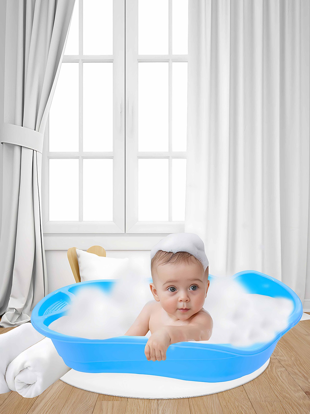 

Born Babies Infants Anti Slip Bath Tub With Soap Shampoo Holder, Blue