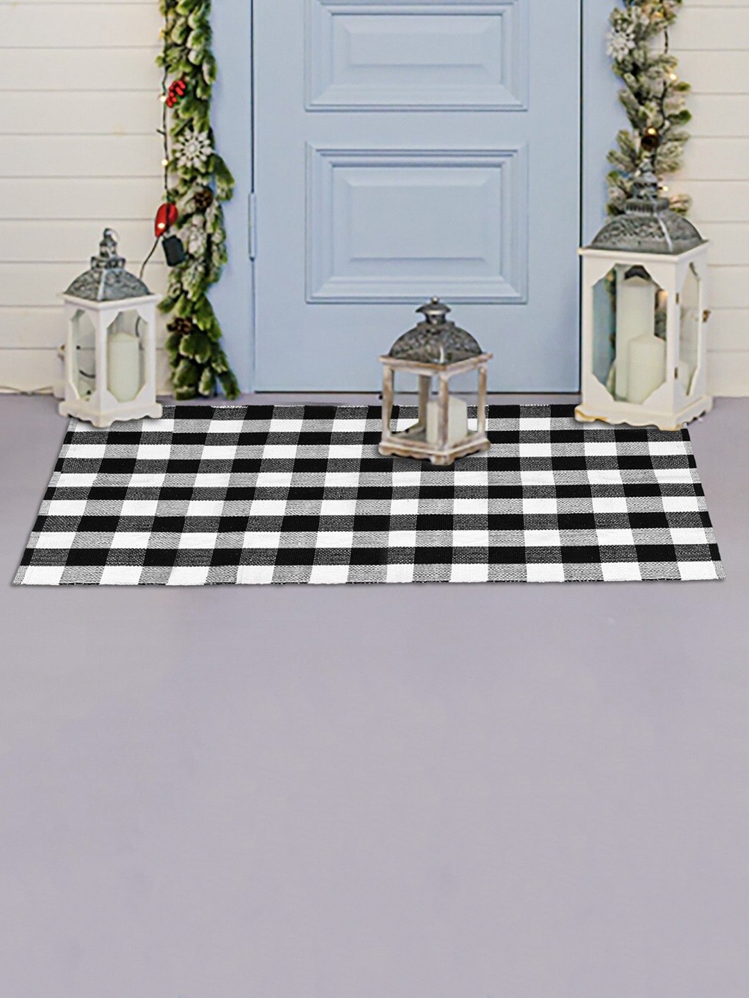 

HOMEMONDE Black & White Checked Pure Cotton Floor Rug