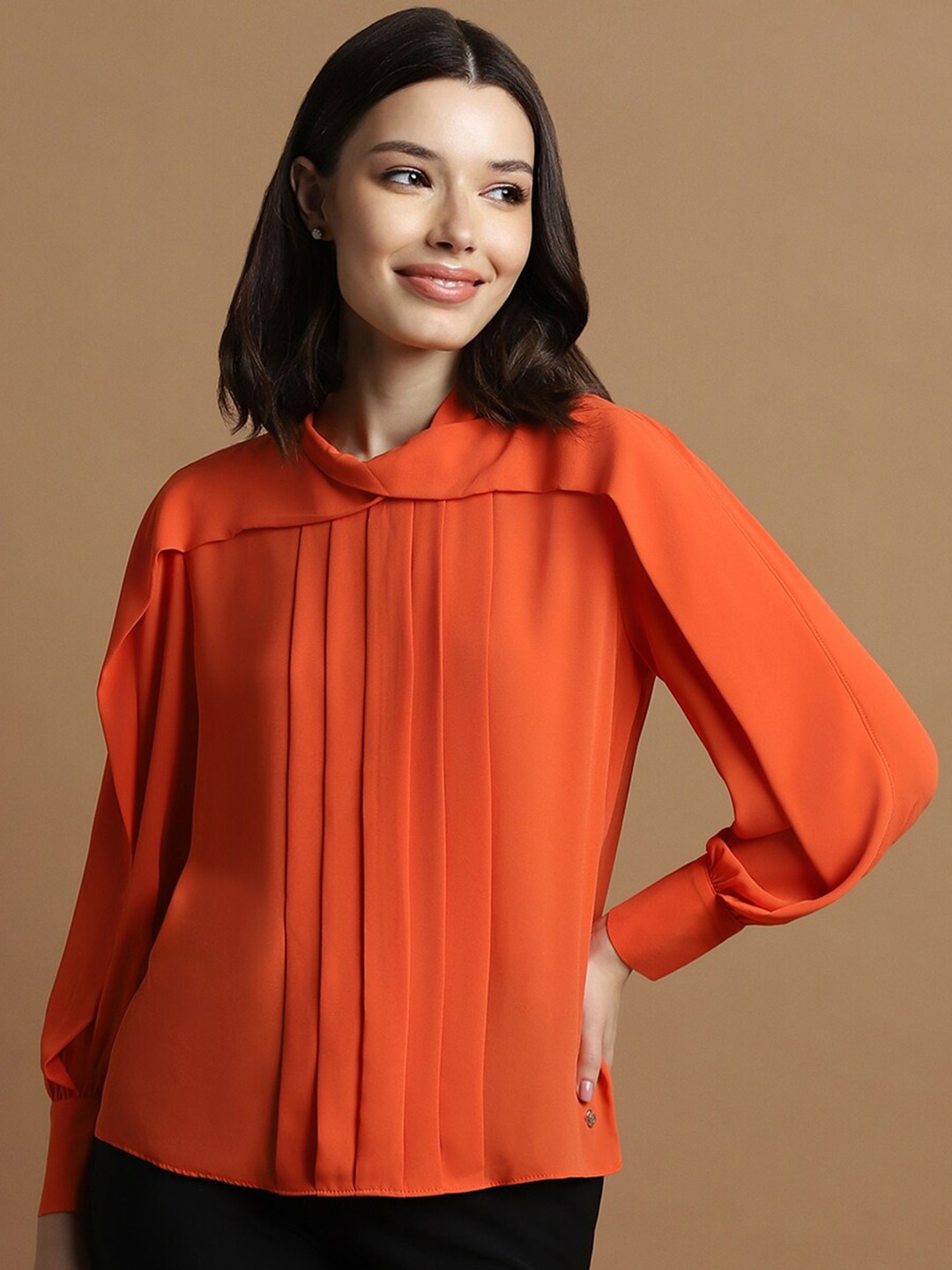 

Allen Solly Woman High Neck Cuffed Sleeves Top, Orange