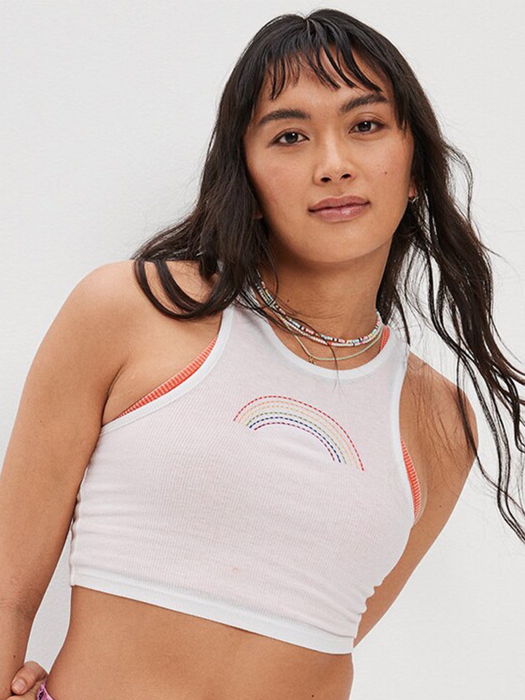 

AMERICAN EAGLE OUTFITTERS Graphic Printed Fitted Cotton Crop Top, White