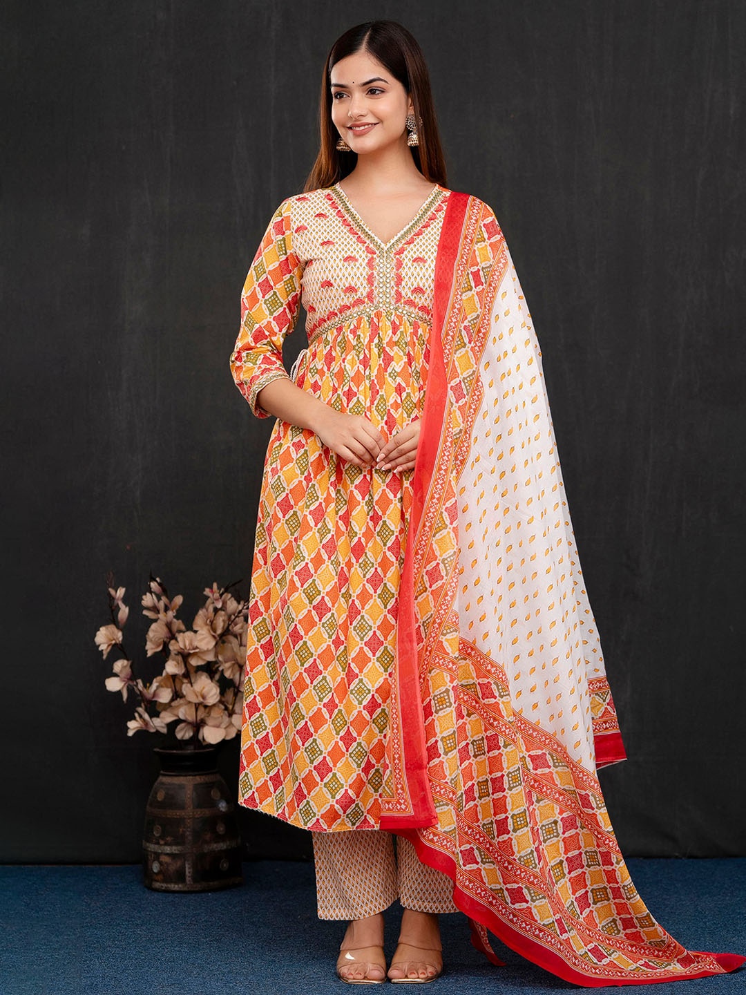 

Anouk Ethnic Motifs Printed Empire Mirror Work Pure Cotton Kurta Set, Orange