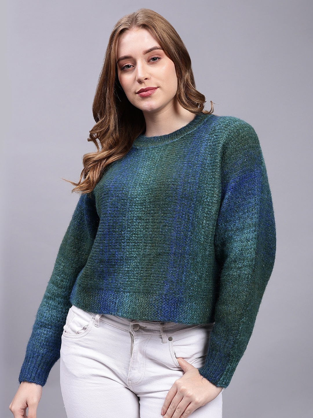

Steele Self Design Round Neck Cotton Woollen Top, Green