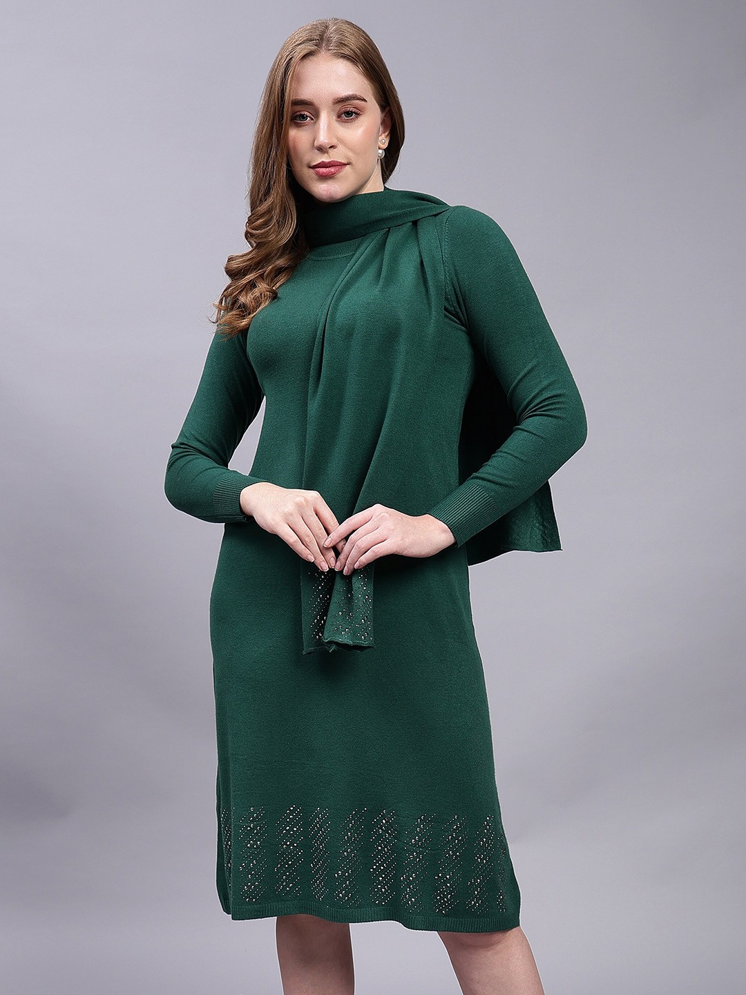 

Albion Embellished Cotton Woollen A-Line Dress, Green