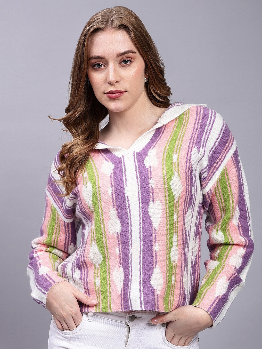 

Steele Vertical Striped Hooded Cotton Woollen Top, Purple