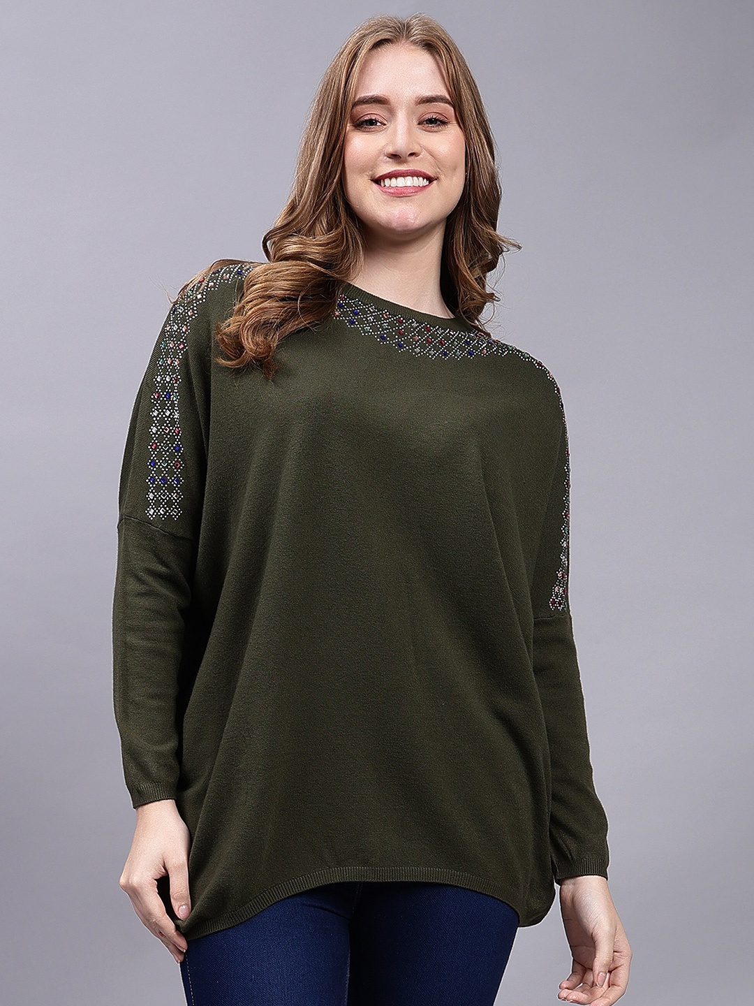 

Steele Embellished Cotton Woollen Longline Top, Olive