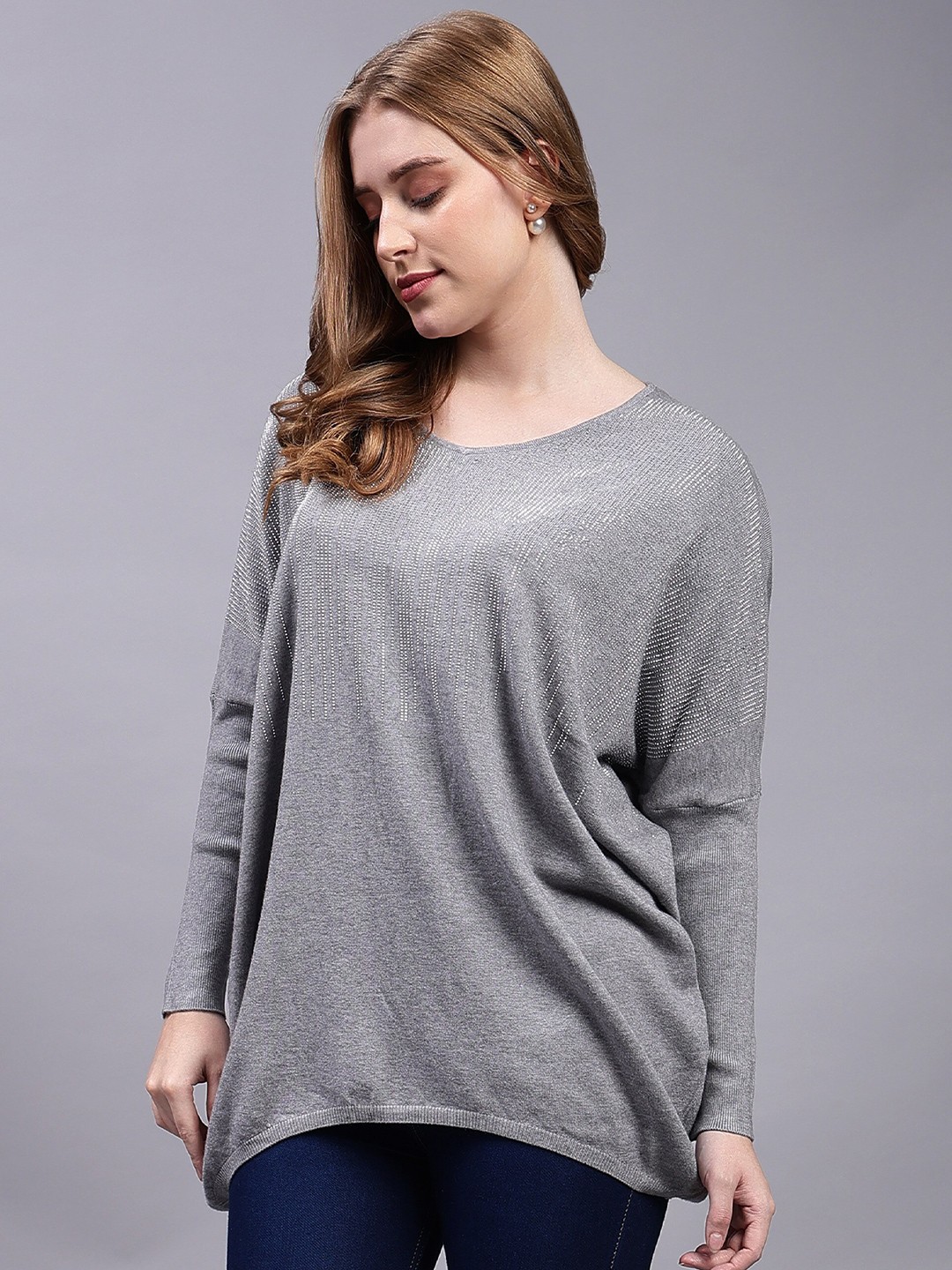 

Steele Embellished Cotton Woollen Longline Top, Grey