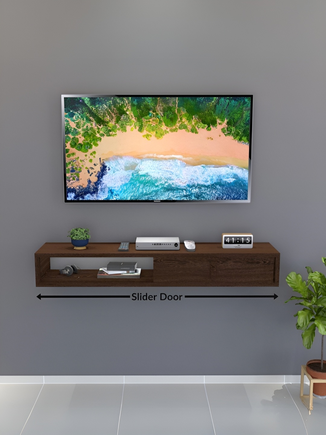 

Furnifry Brown Engineered Wooden Sliding Drawer TV Unit Wall Shelve