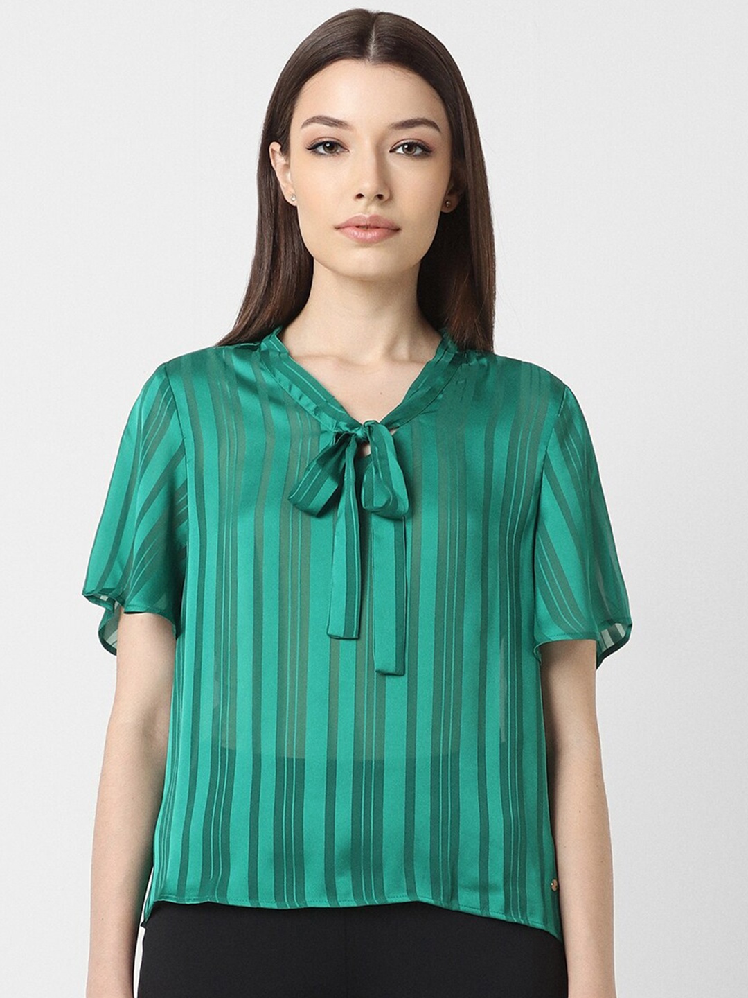 

Van Heusen Woman Striped Tie-Up Neck Semi Sheer Top, Green