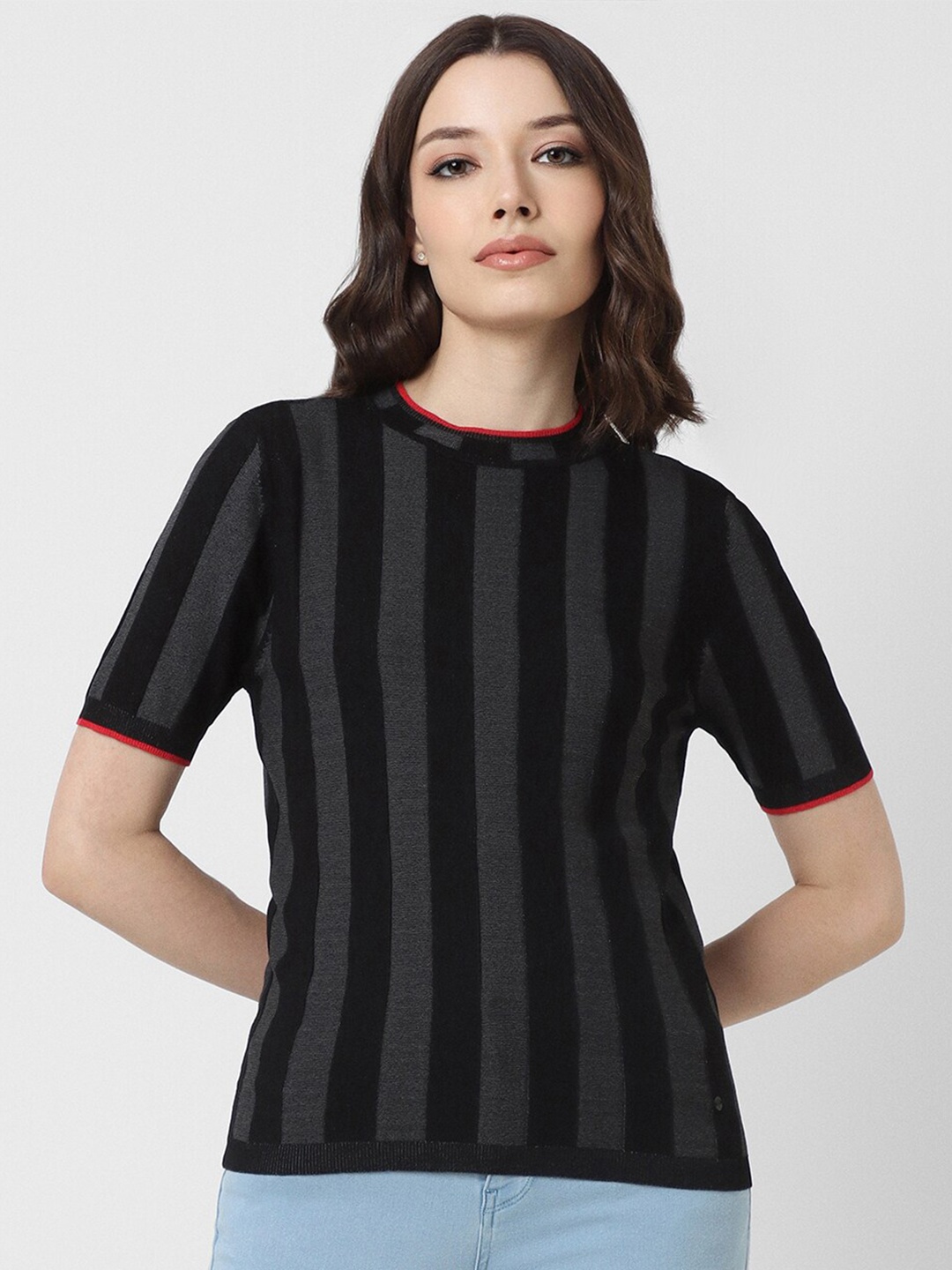 

Van Heusen Woman Striped Short Sleeves Top, Black