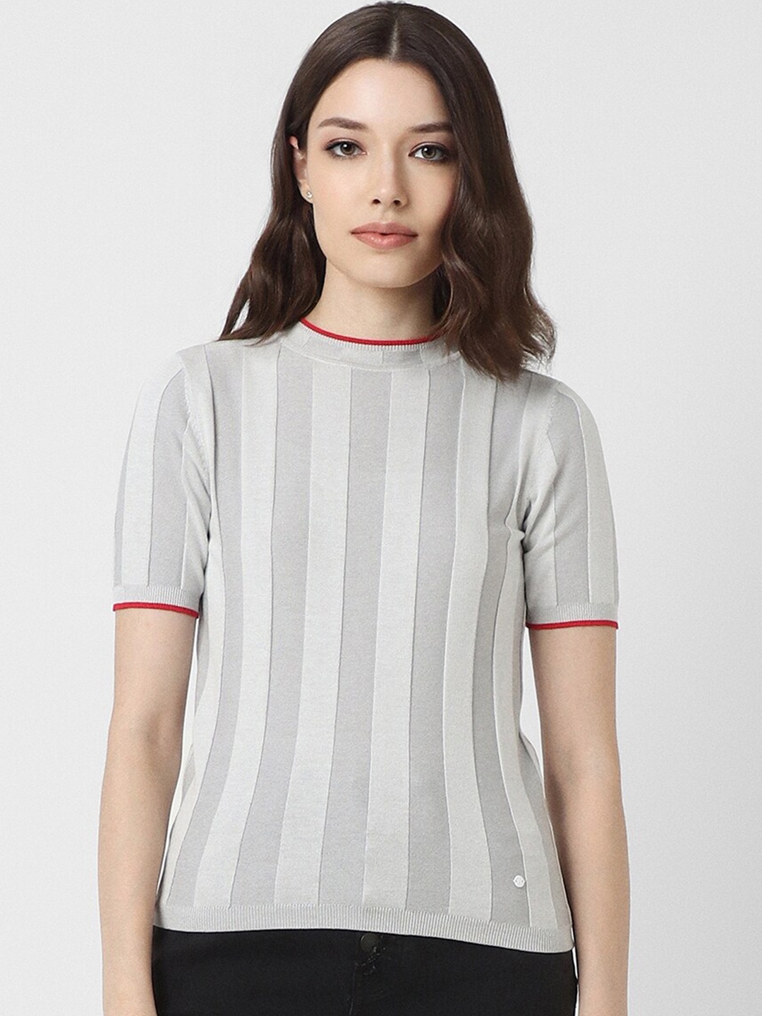 

Van Heusen Woman Striped Round Neck Fitted Top, Grey