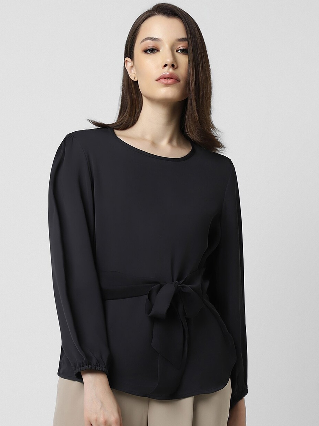 

Van Heusen Woman Round Neck Waist Tie-Up Detail Regular Top, Black