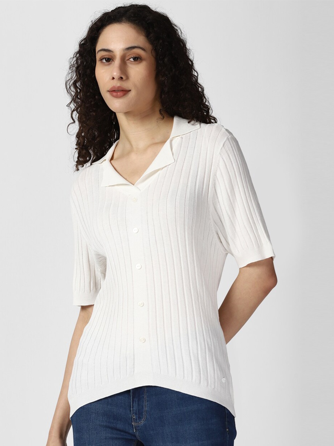

Van Heusen Woman Striped Notched Lapel Collar Short Sleeves Shirt Syle Top, White