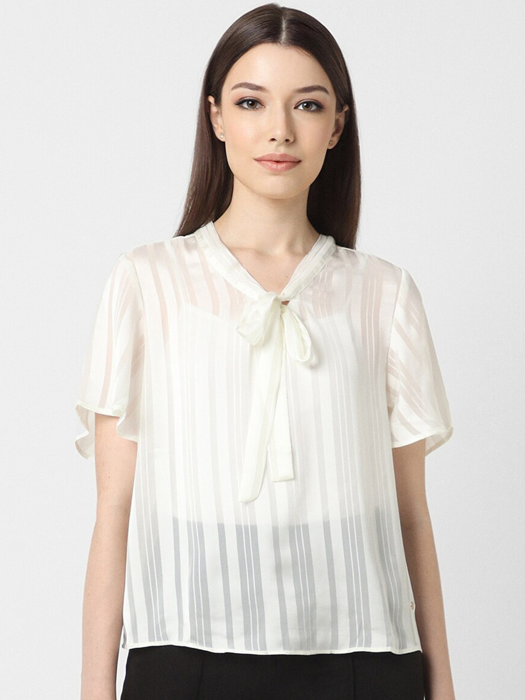 

Van Heusen Woman Striped Tie-Up Neck Flutter Sleeves Top, White