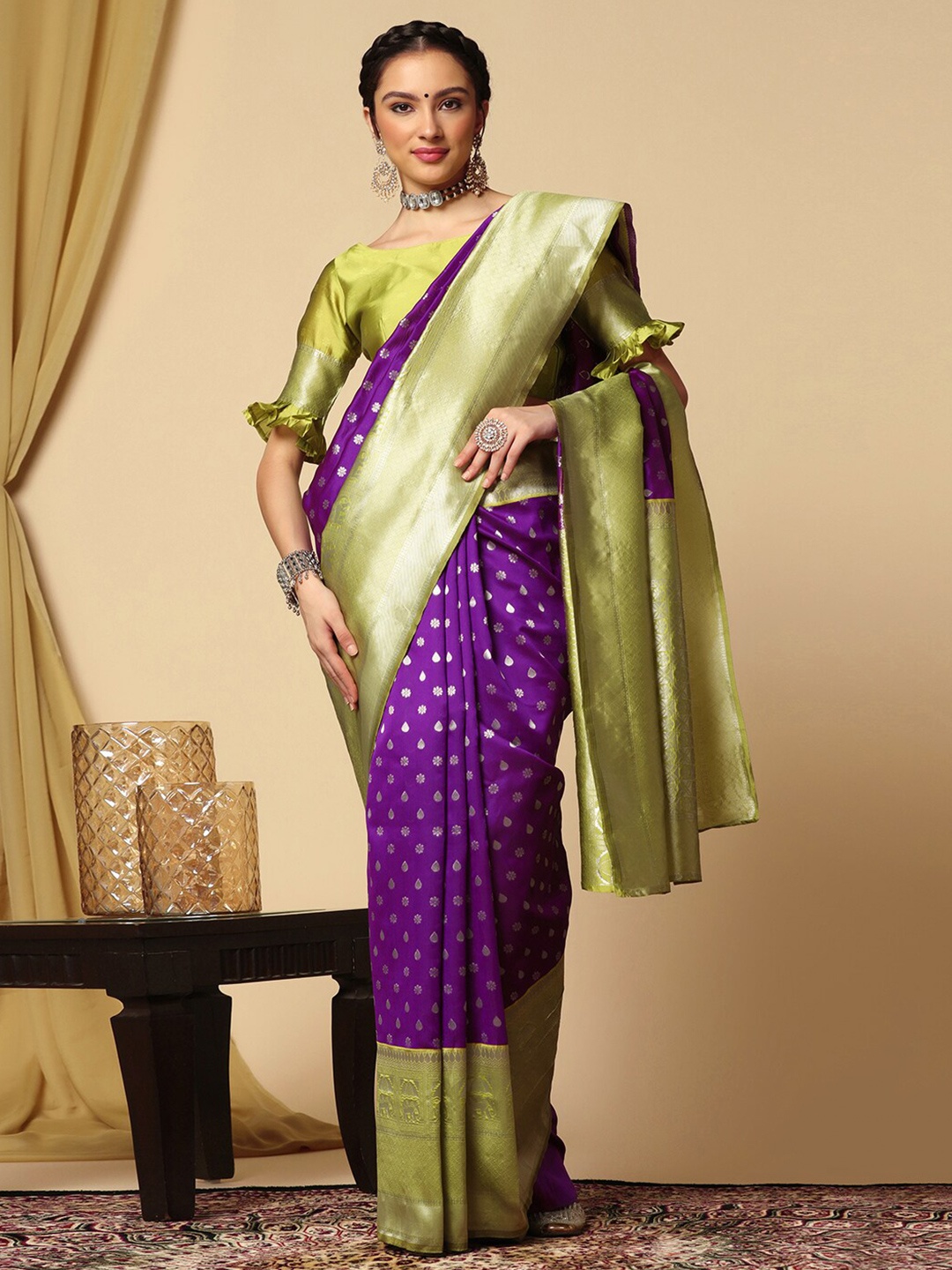 

Satrani Ethnic Motifs Woven Design Jacquard Zari Saree, Purple