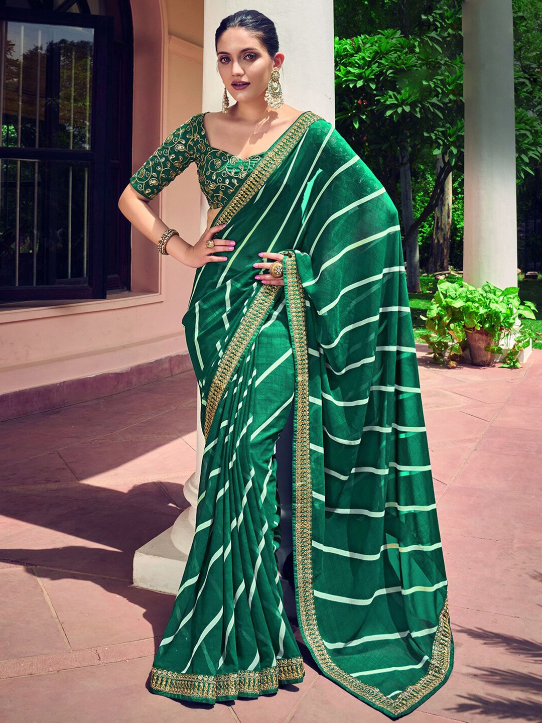 

Satrani Green & White Leheriya Printed Embroidered Saree