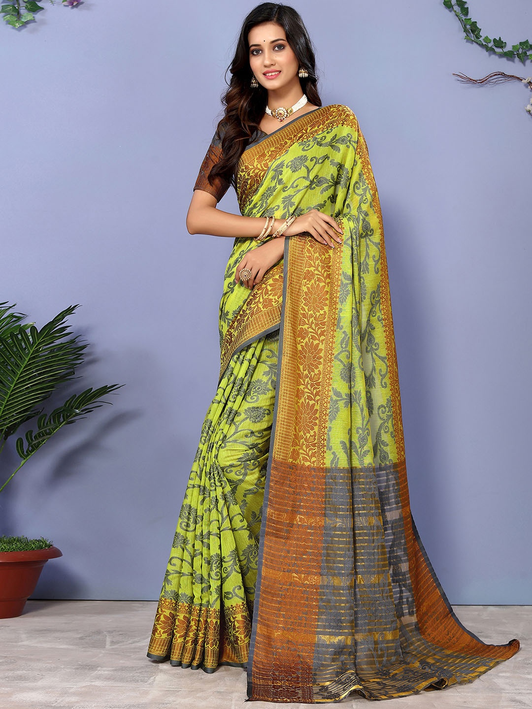 

Satrani Green Floral Woven Design Zari Saree