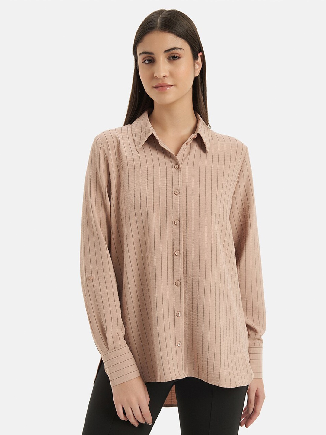 

Kazo Vertical Striped Spread Collar Classic Boxy Casual Shirt, Beige