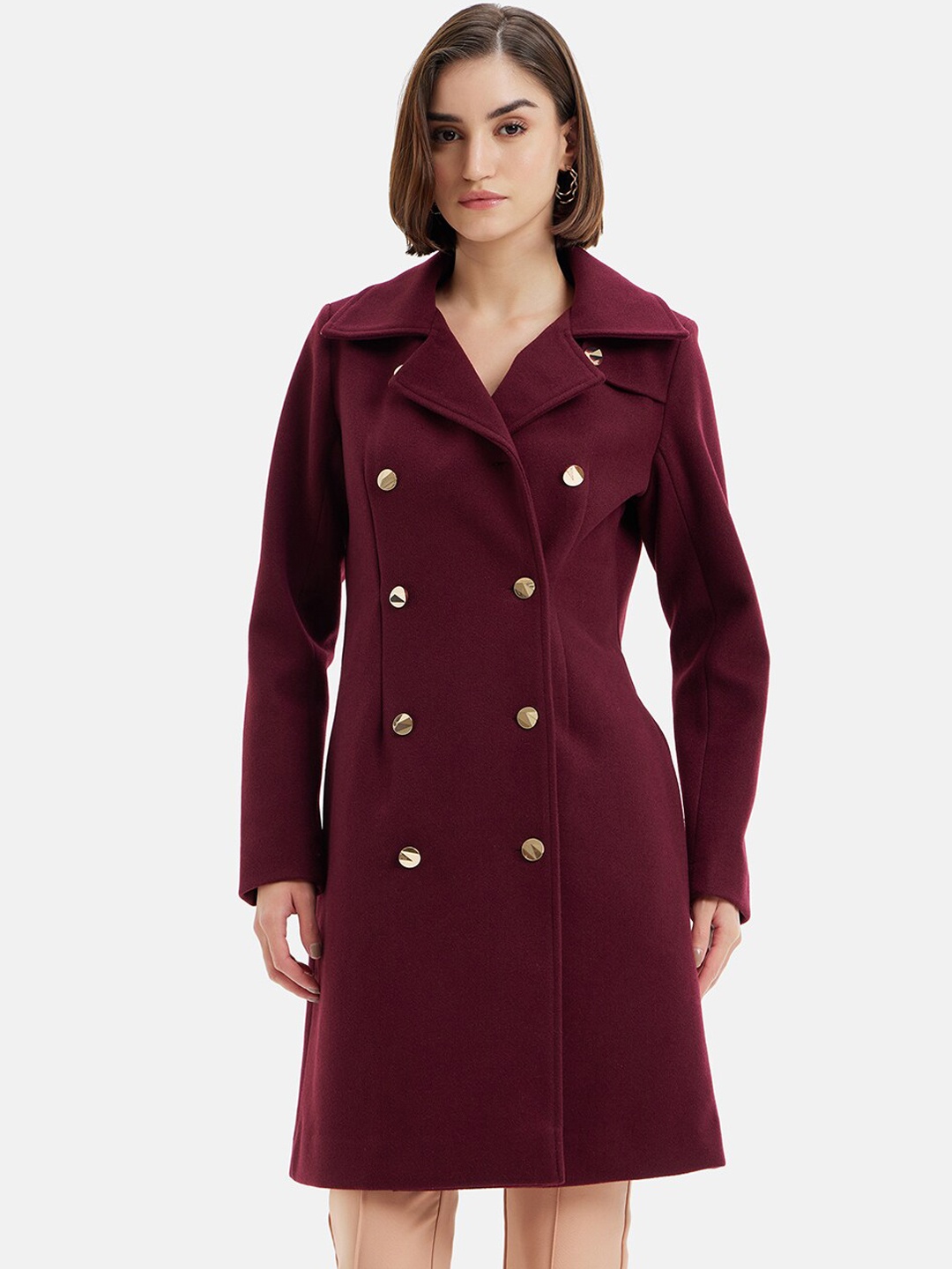 

Kazo Double Breasted Long Sleeved Longline Overcoat, Maroon