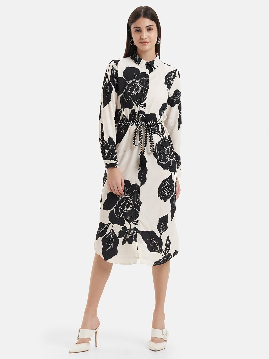 

Kazo Floral Printed Shirt Collar Cuffed Sleeves Shirt Dress, White