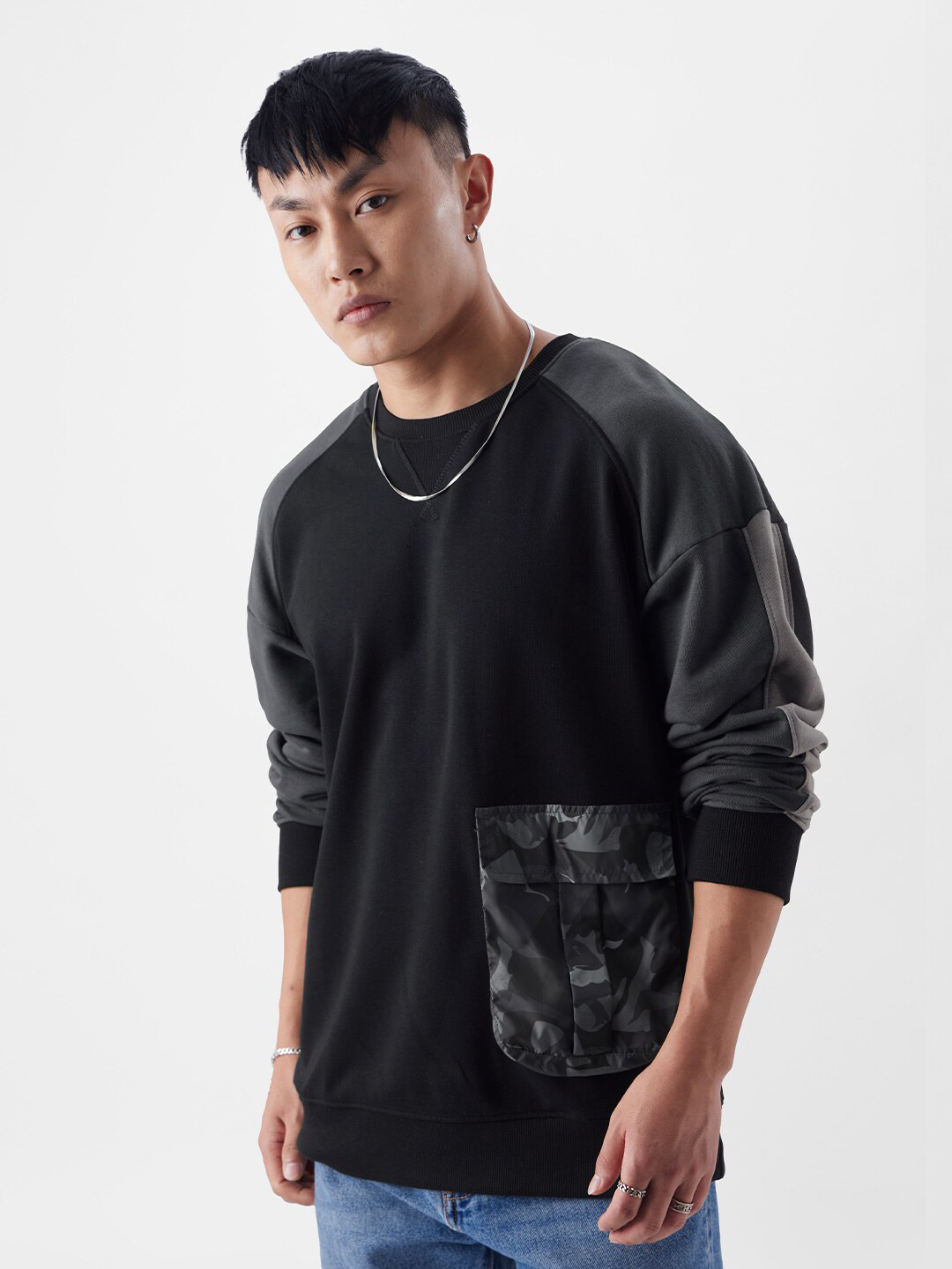 

The Souled Store Black Round Neck Printed Cotton Sweatshirt