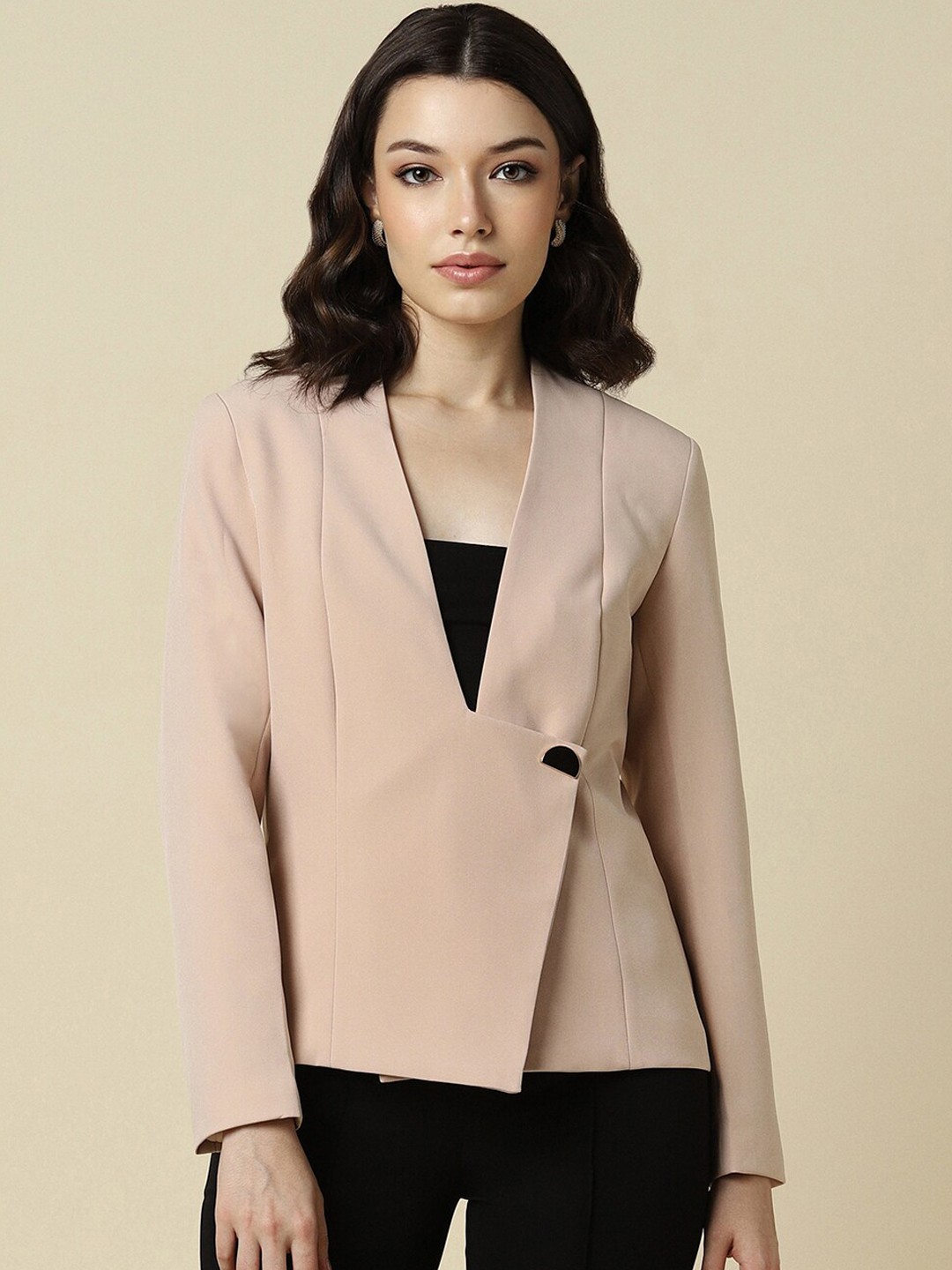 

Allen Solly Woman Solid Single Breasted Collerless Blazer, Beige