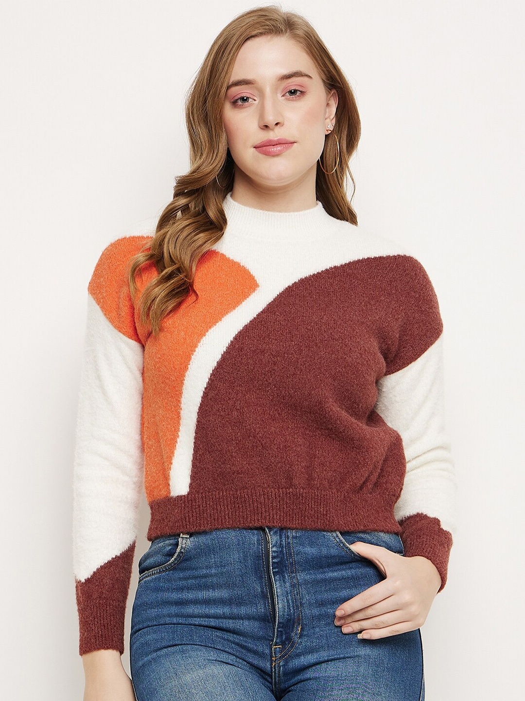 

Madame Colourblocked High Neck Acrylic Crop Pullover Sweater, Coffee brown