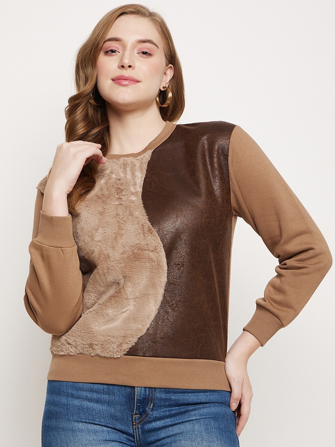 

Madame Colourblocked Cotton Pullover Sweatshirt, Camel brown