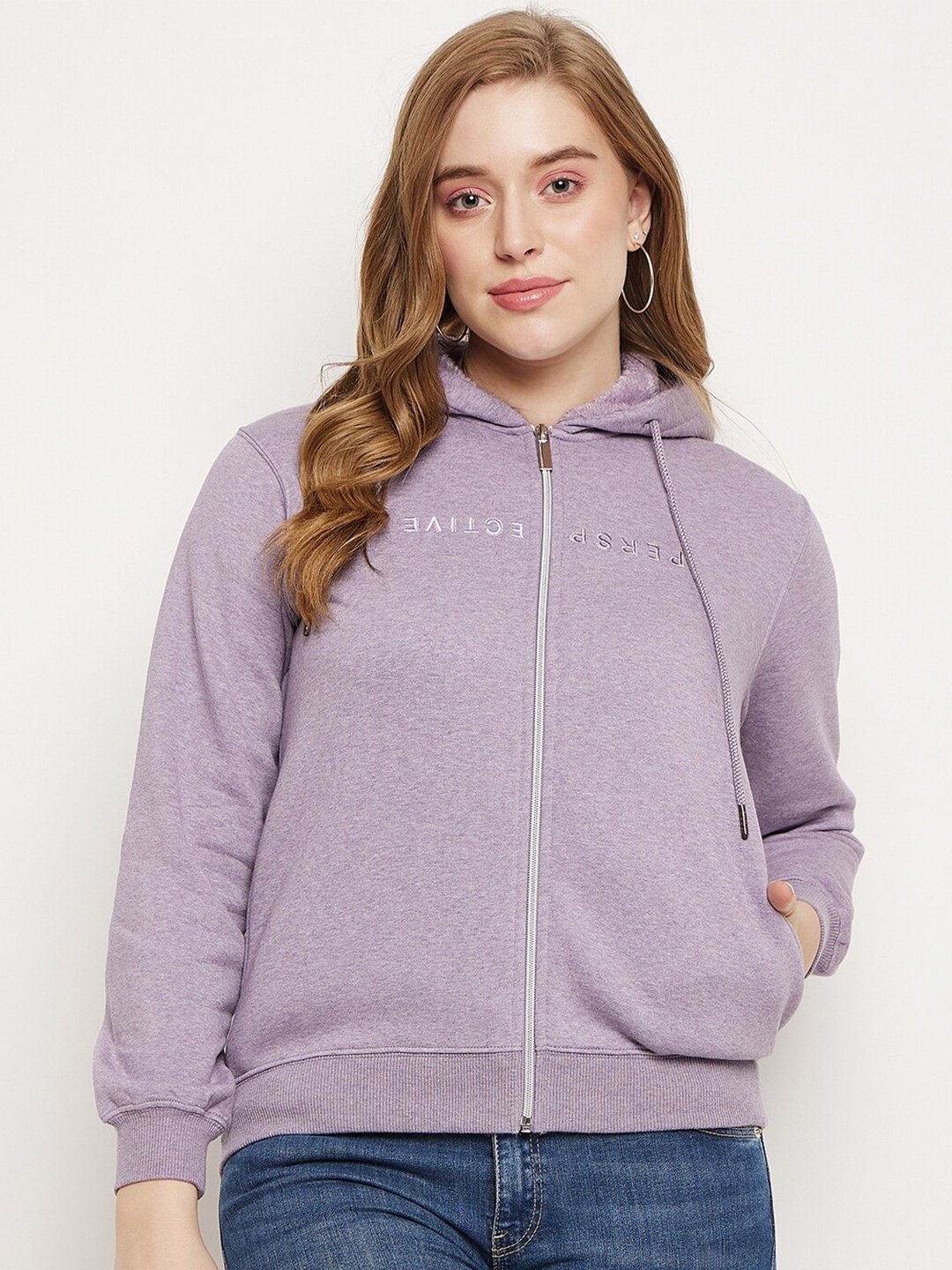 

Madame Hooded Embroidered Detail Front-Open Sweatshirt, Purple
