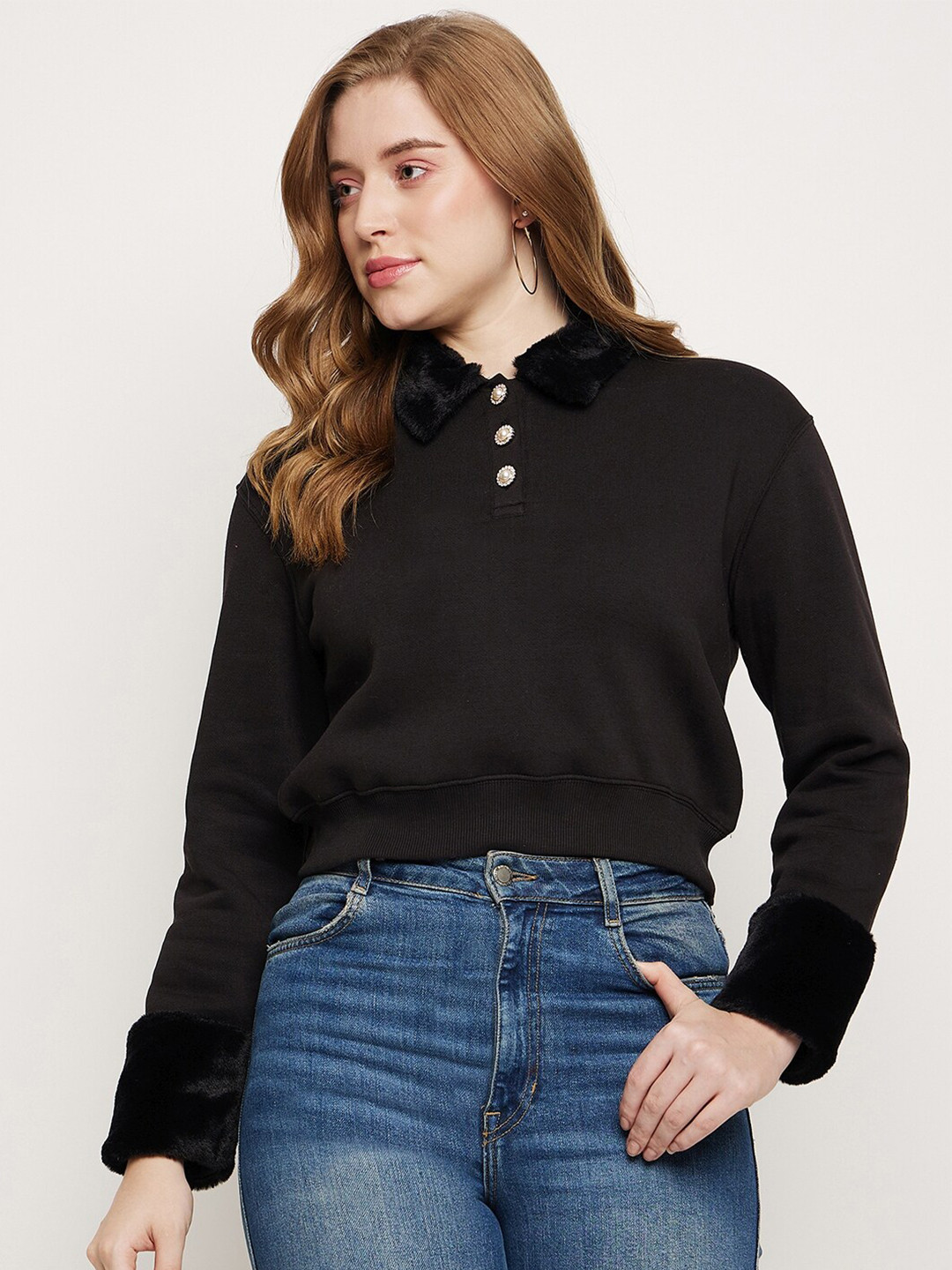 

Madame Shirt Collar Cotton Pullover Sweatshirt, Black