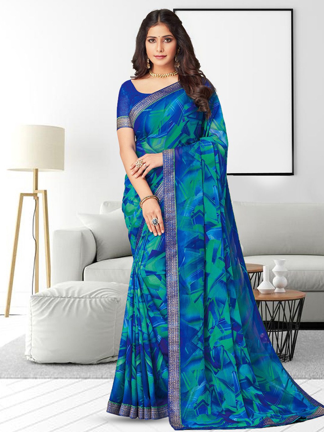 

Satrani Abstract Printed Zari Saree, Blue